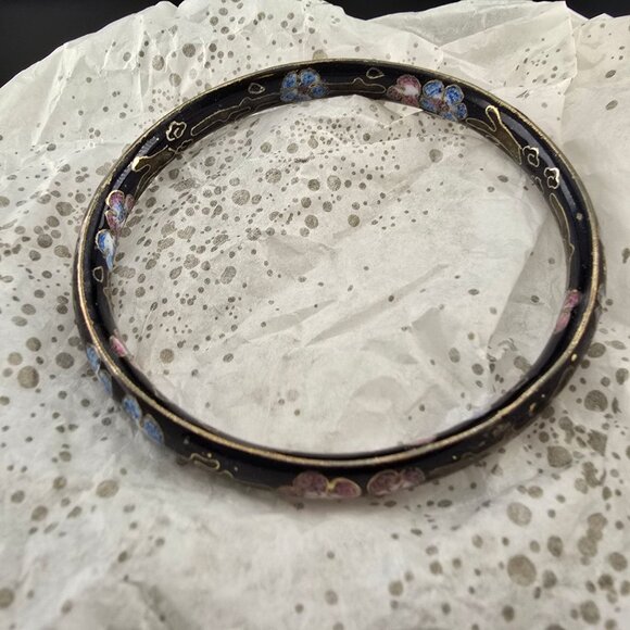 Vintage Black Cloisonné Bangle Bracelet With Floral Enamel Design In Blue & Pink - Picture 3 of 9